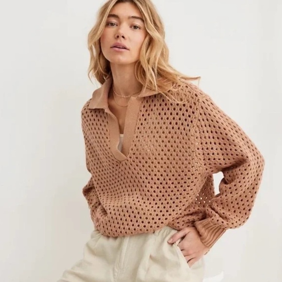 aerie Sweaters - Aerie NWT Oversized Open Knit Polo‎ Sweater in Tan 100% Cotton Size Small